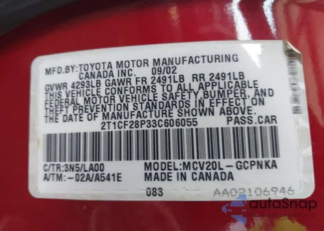 2003 Toyota Camry Solara Sle V6 z USA, uszkodzony, nr VIN 2T1CF28P33C606055